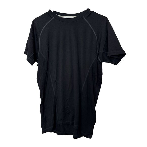 Smartwool Base Layer Top T Shirt M Black Short Sleeve 100% Merino Wool Holes - Picture 1 of 12